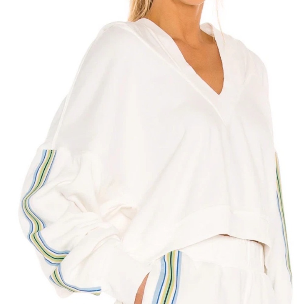 Free People White Cropped Oversized Hoodie V-Neck Striped Sleeve Pullover Sz S